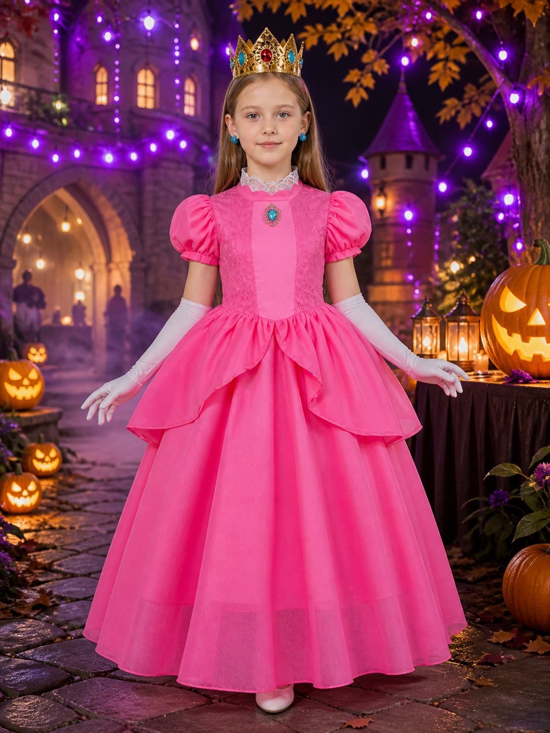 Kids Princess Peach Costume Dress Set with Crown & Gloves Halloween Costume on-model Halloween scene view