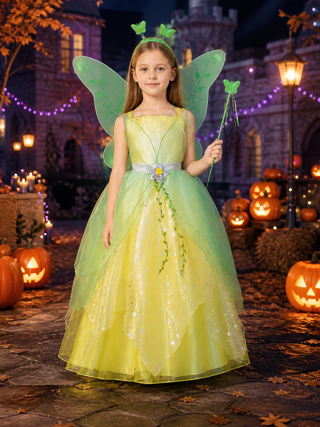 Girls Enchanted Fairy Princess Costume Dress with Wings, Headband & Wand, Green Costume Dresses detail 2