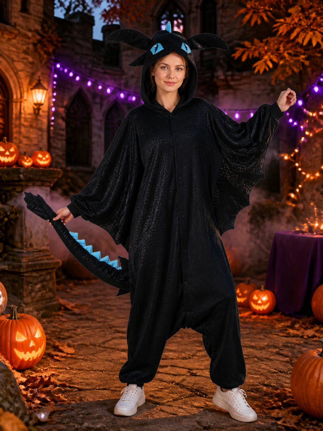Dragon Hooded Jumpsuit Costume, Black with Blue Accents, Long Tail and Costumes detail 2