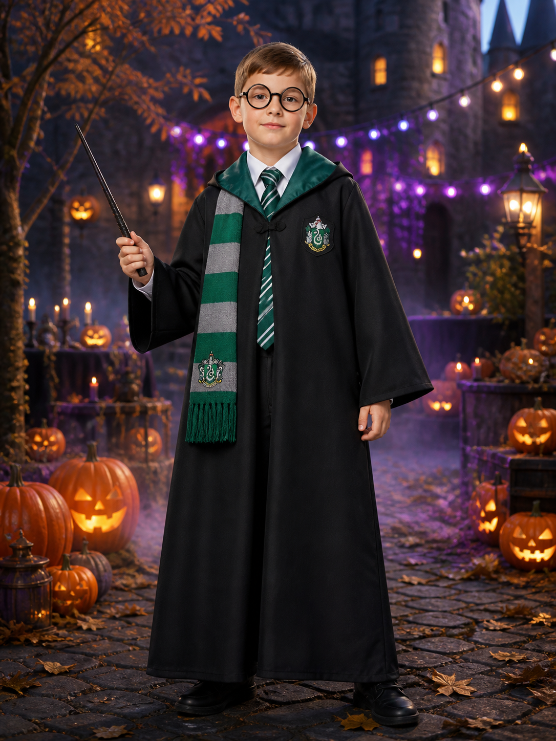 Kids Wizard Robe Costume Set, Dark Green Hooded Robe with Tie Scarf Glasses and Costumes detail 2