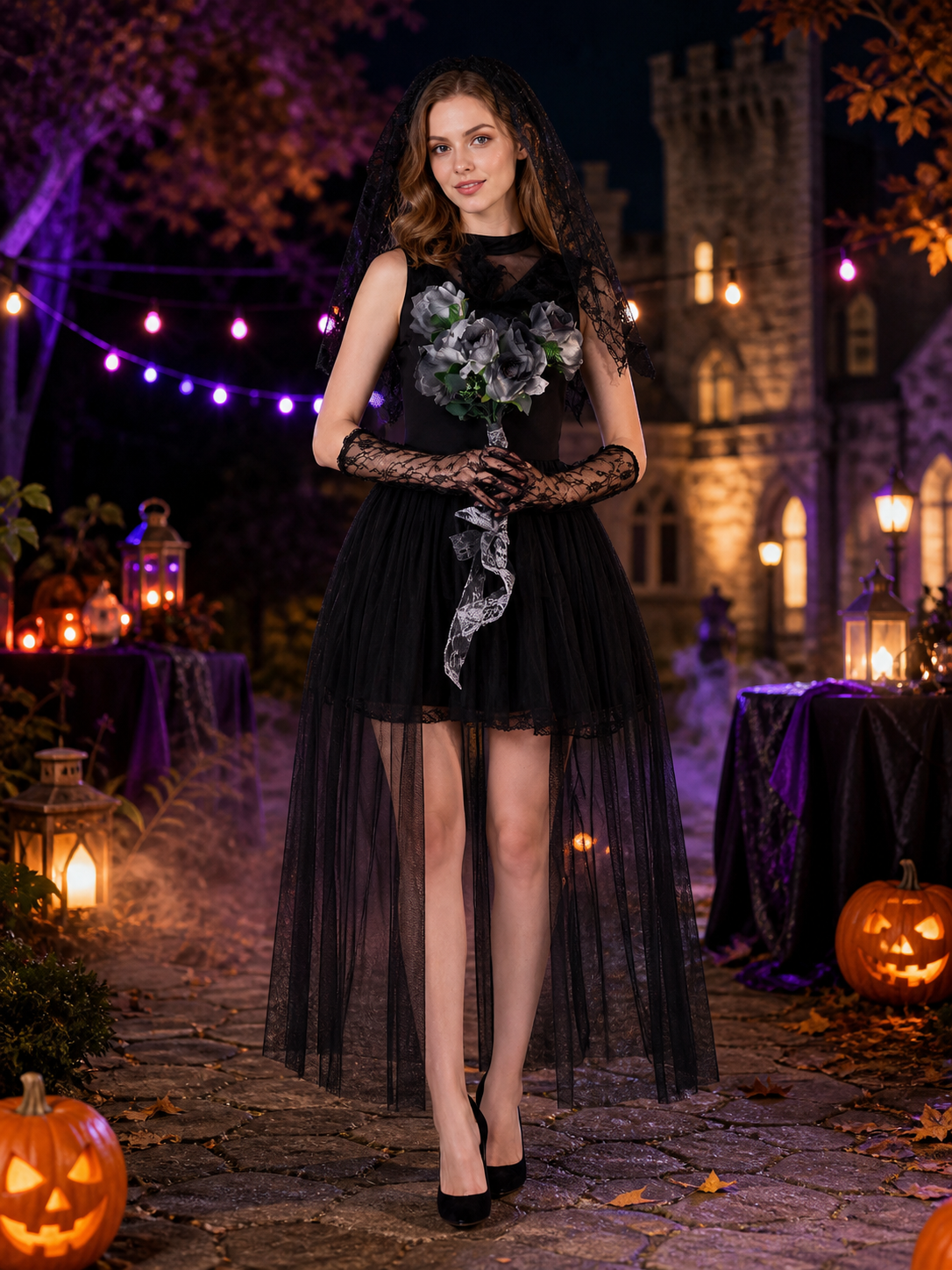 Gothic Costume with Veil for Cosplay and Halloween Costumes detail 2