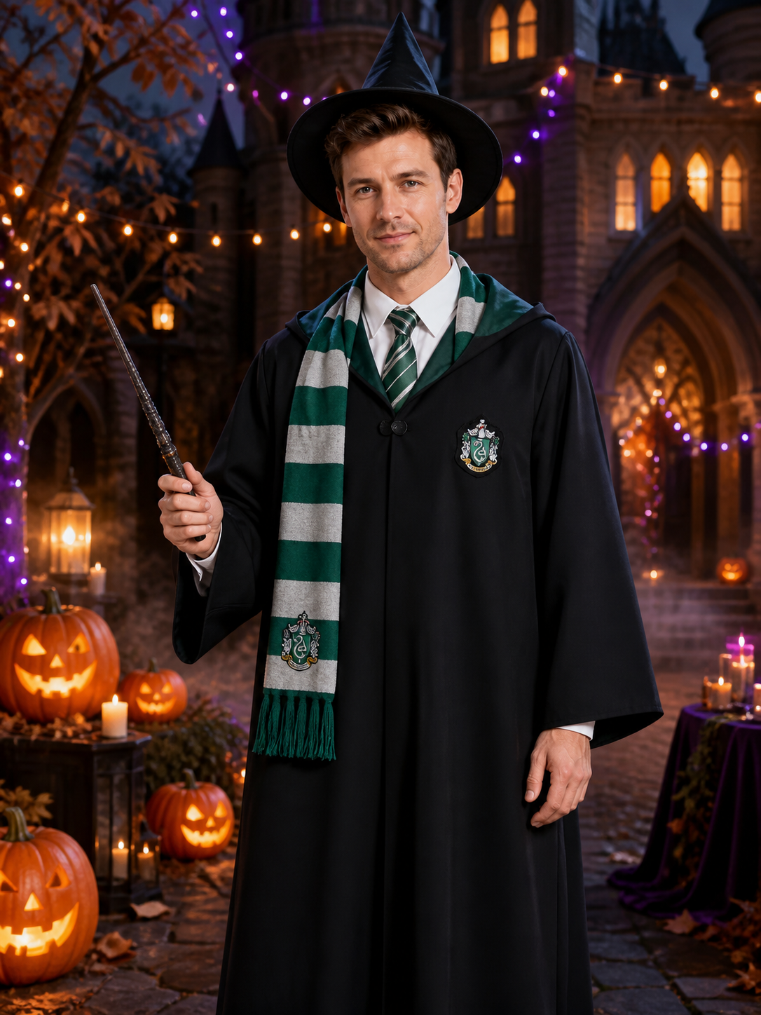 Slytherin Wizard Costume Set with Hooded Robe, Scarf, Tie, Hat, Shirt and Wand Costume Headwear detail 2