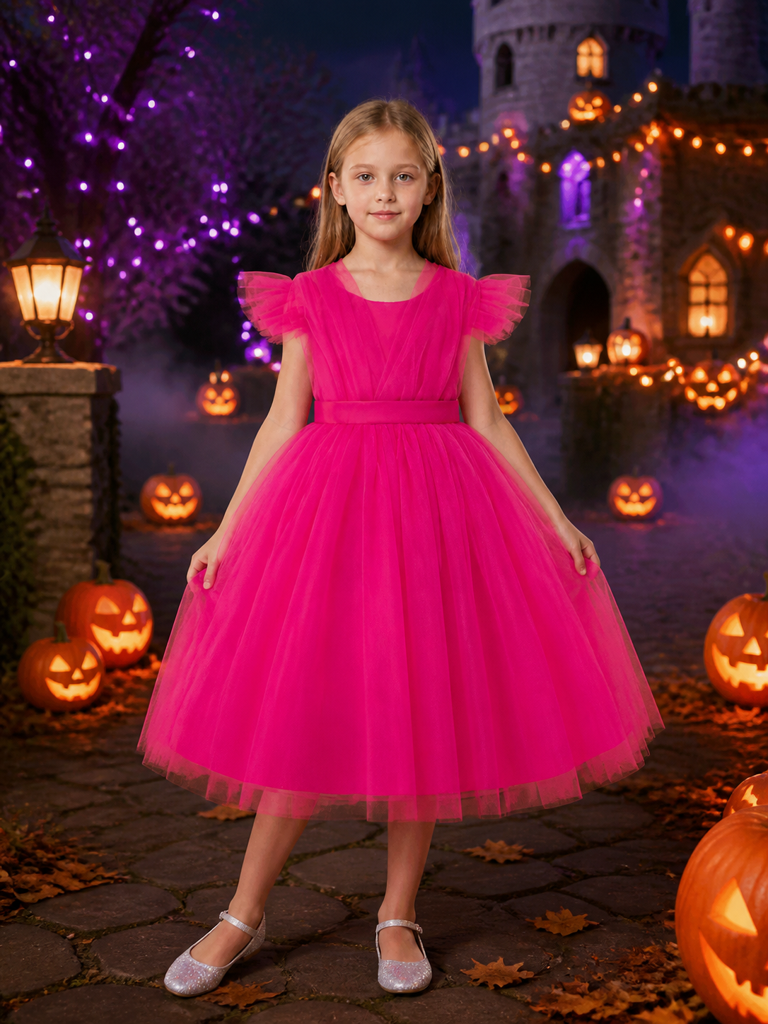 Baby Girls' Pink Princess Dress, Ruffled Sleeves and Layered Tulle Skirt Costume Dresses detail 2