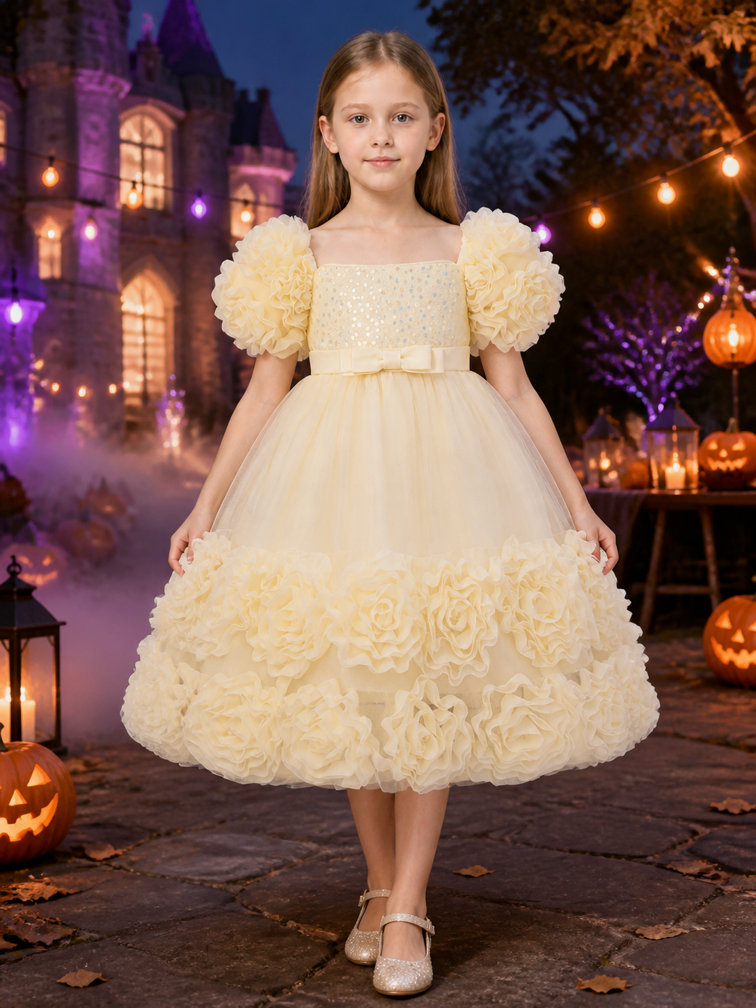 Toddler Girls' Princess Dress with Sequined Bodice, Bow and Ruffled Flower Trim Costume Dresses detail 2