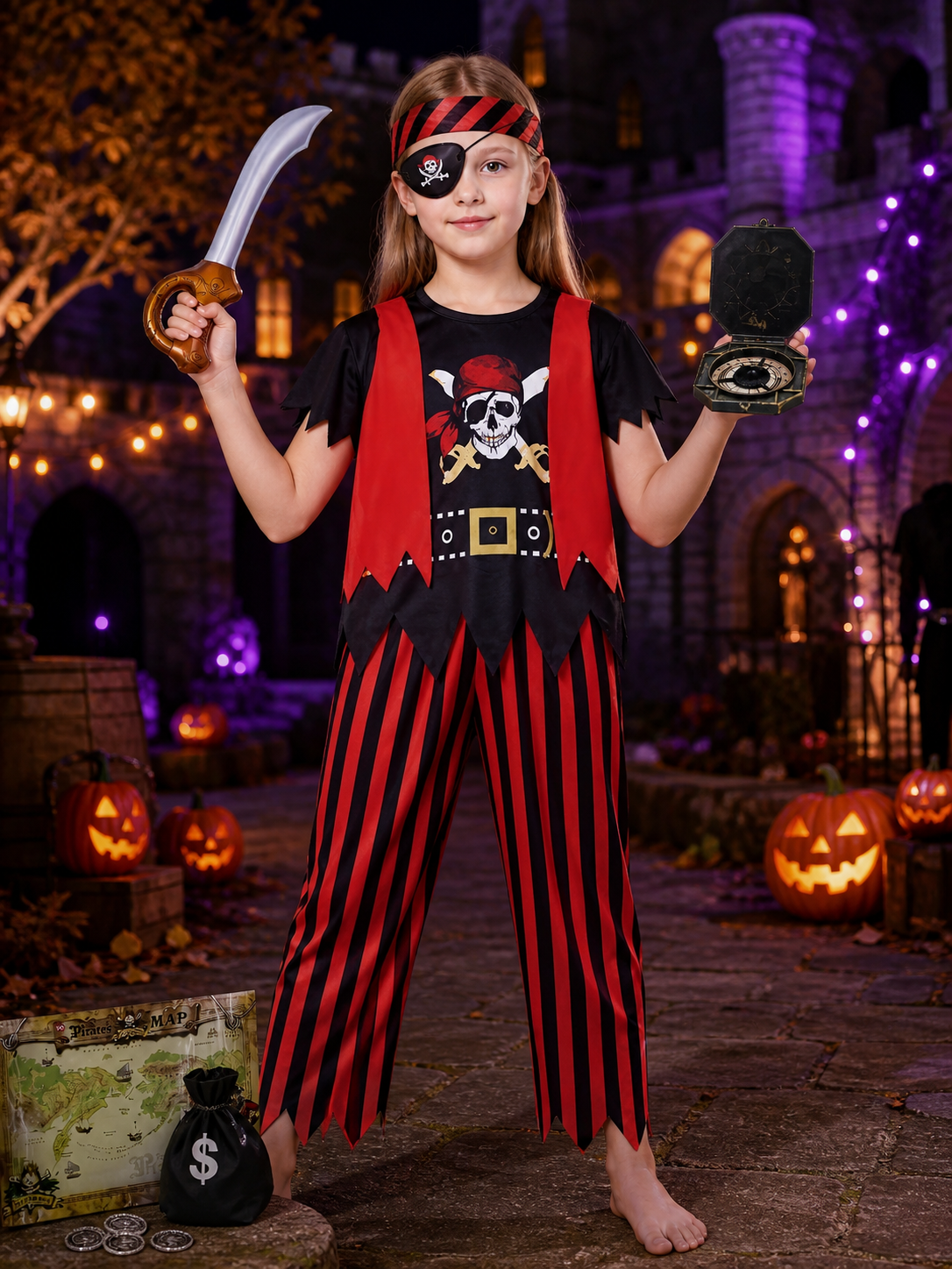 Kids Pirate Costume Set with Skeleton Print, Eye Patch & Halloween Accessories Costume Accessories detail 2