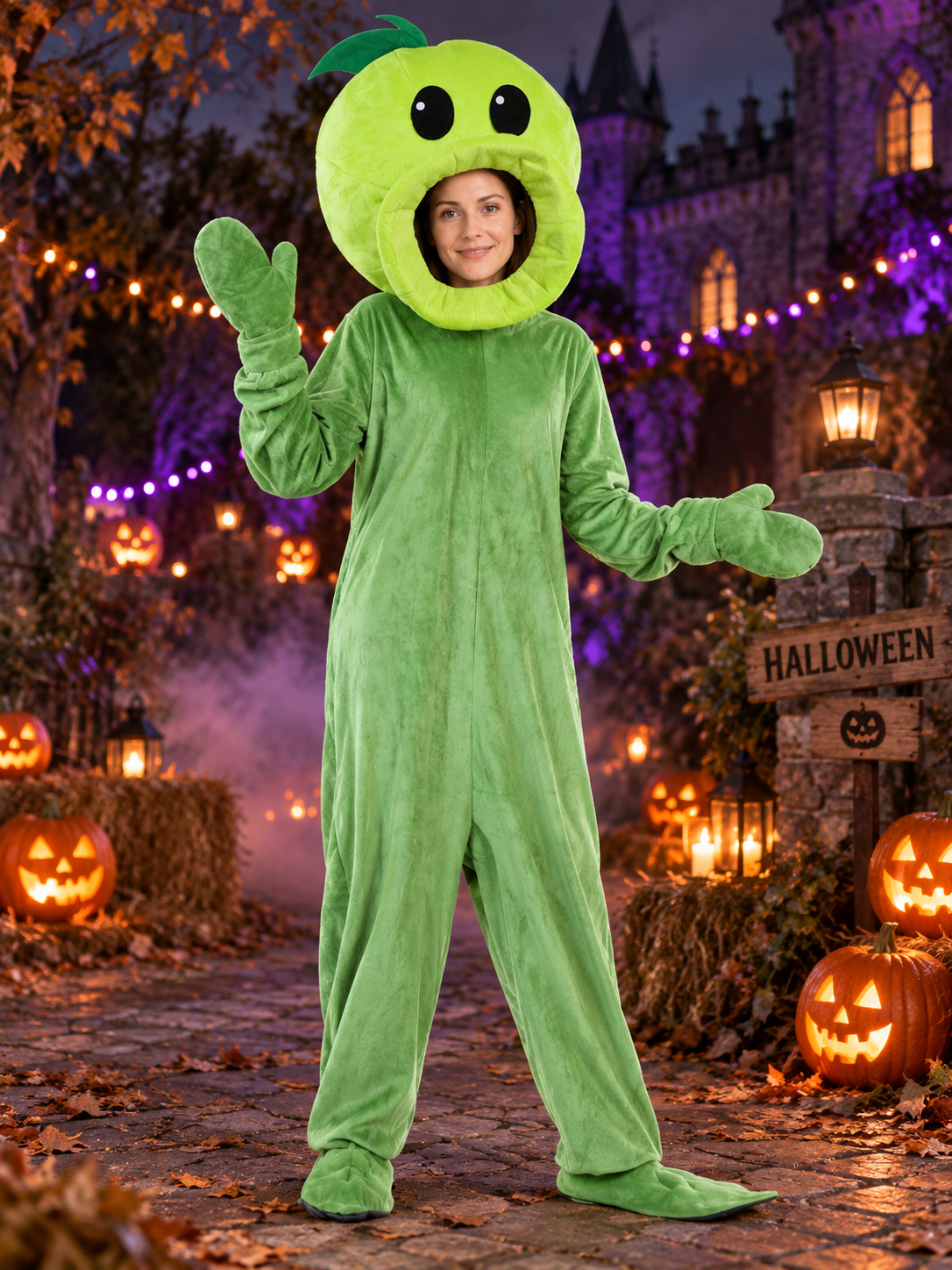 Green plant costume for adults with mask
