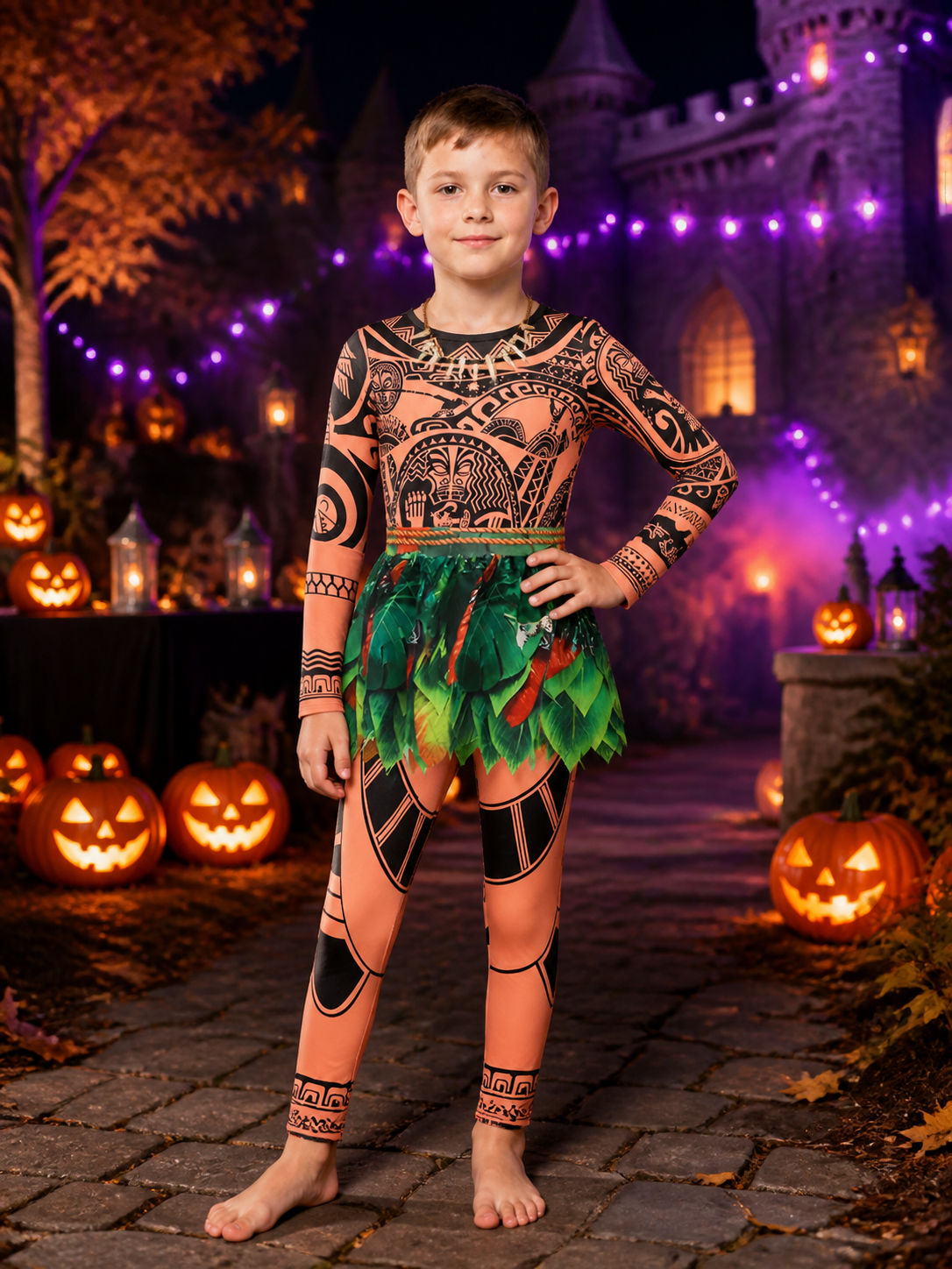 Boys' Tribal Print Bodysuit Costume Set with Leaf Skirt and Necklace Costumes detail 2
