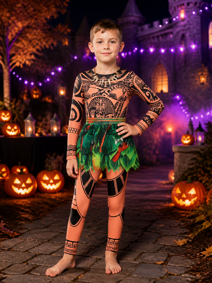 Boys' Tribal Print Bodysuit Costume Set with Leaf Skirt and Necklace Costumes detail 2