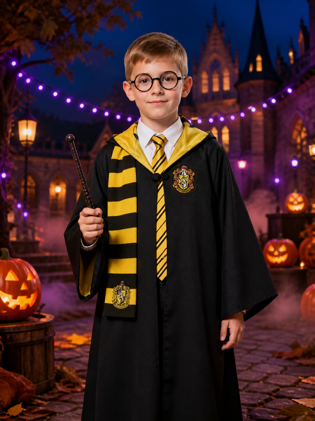 Kids Wizard Robe Costume Set, Black Hooded Cape with Yellow Black Striped Scarf Costume Capes detail 2