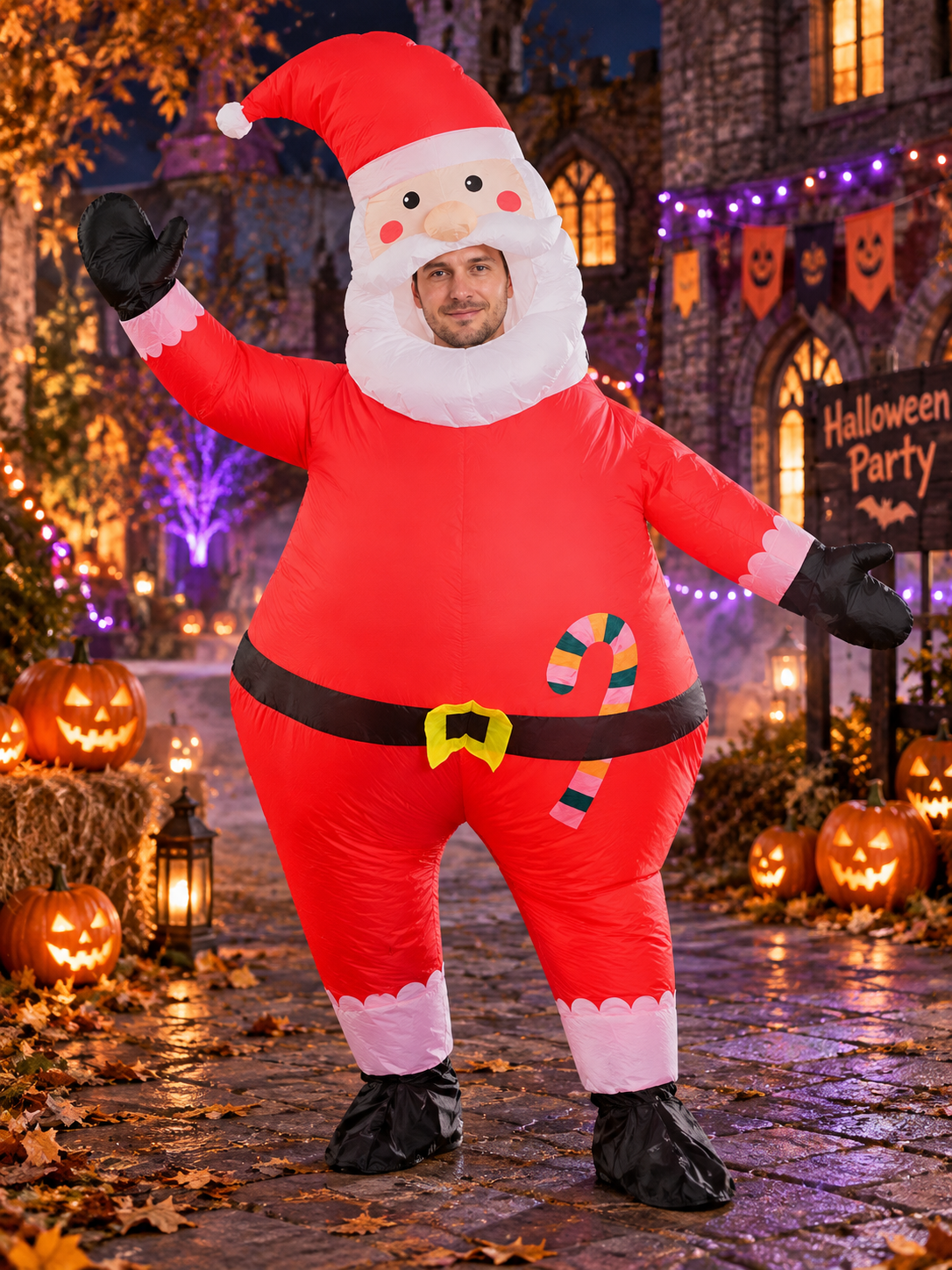 Inflatable Santa Claus Carnival Costume with Beard and Hat