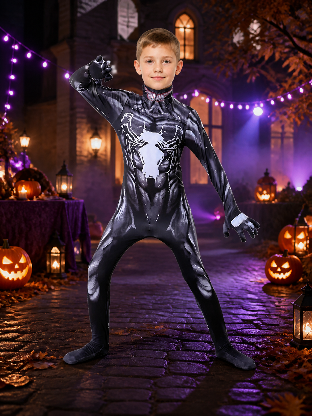 Kids Black Panther Full-Body Hooded Jumpsuit Costume, Black and White Halloween Costumes detail 2