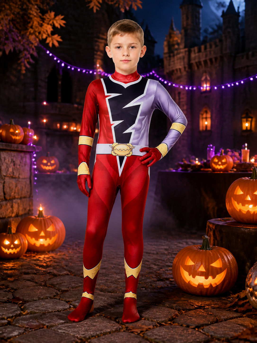 Dragon Knight Dinosaur Team Bodysuit Halloween Costume, Hooded Full-Body on-model Halloween scene view