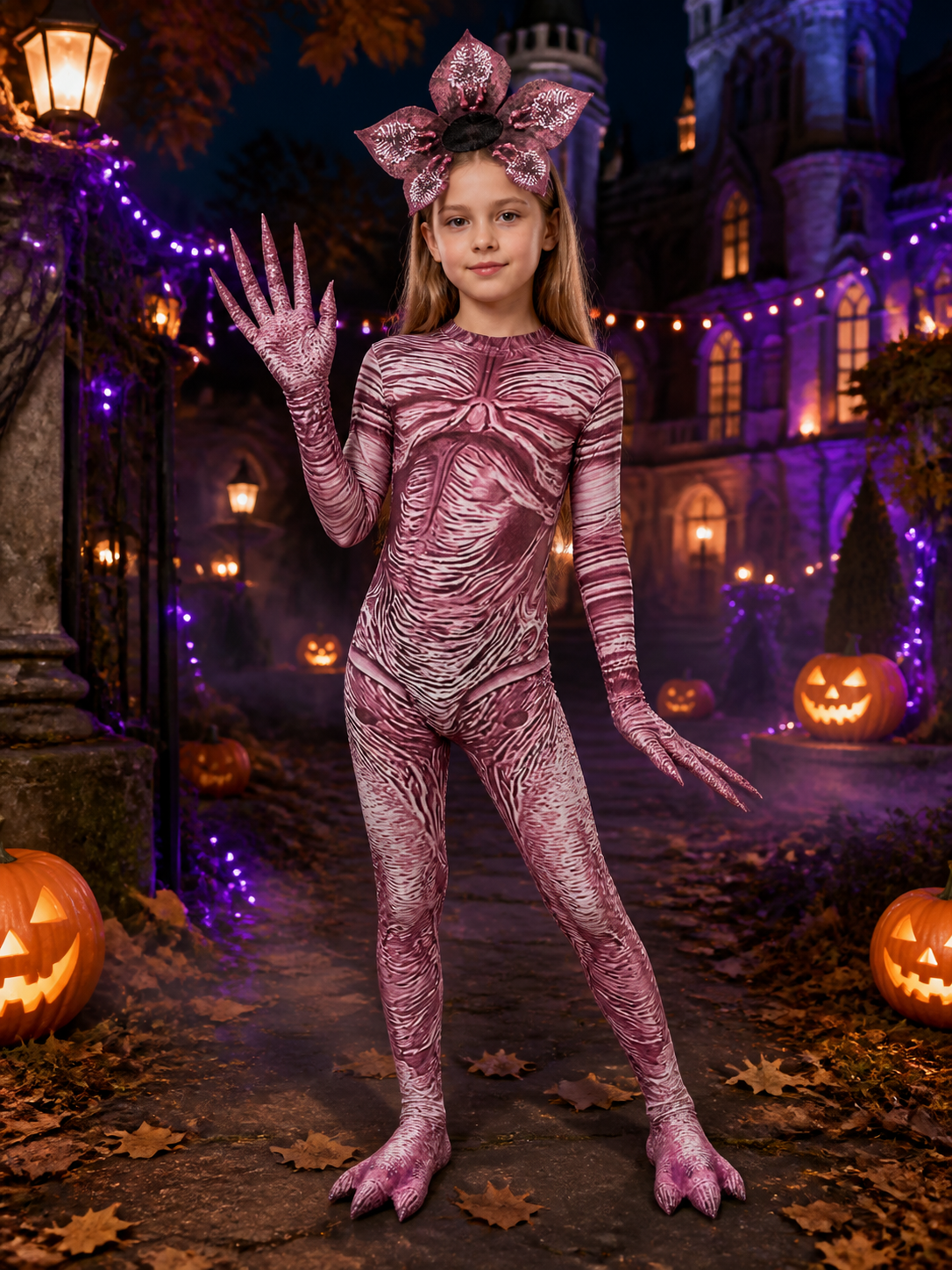 Unisex Flower Monster Bodysuit Halloween Costume Set With Headpiece, Gloves And Costume Headwear detail 2