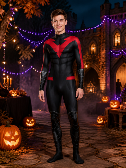 Men's Nightwing Cosplay Red and Black Muscle Print Bodysuit Costume Costumes detail 2