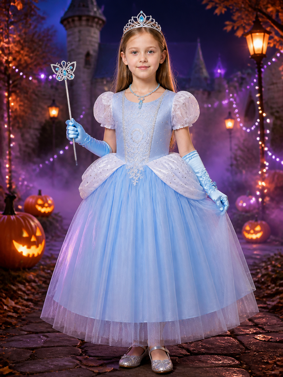 Girls Cinderella Princess Dress Costume Set - Light Blue Sparkly Tulle with