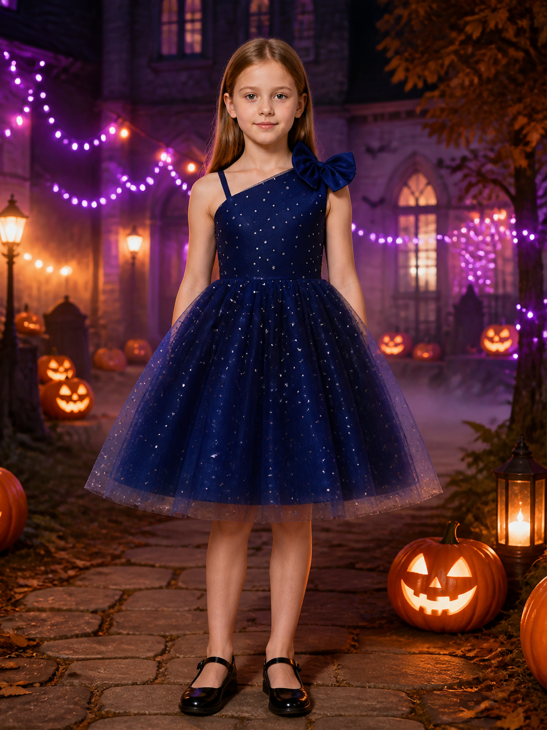 Girls' Navy Princess Dress With Star Moon Sequins, Mesh A-Line Skirt Costume Dresses detail 2
