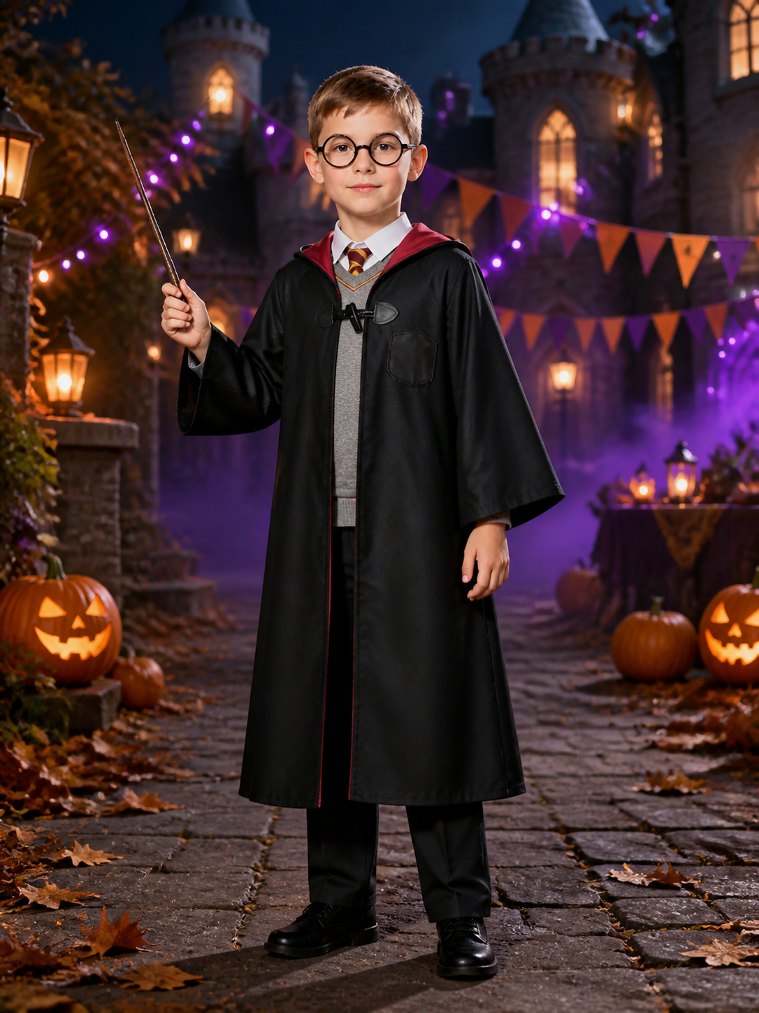 Kids Wizard Costume Set, Hooded Robe With Round Glasses, Tie, Inner Top And Costumes detail 2
