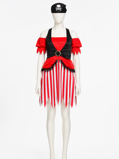 Women's Pirate Costume Set, Red and White Striped Dress with Skeleton Print Costume Dresses detail 2