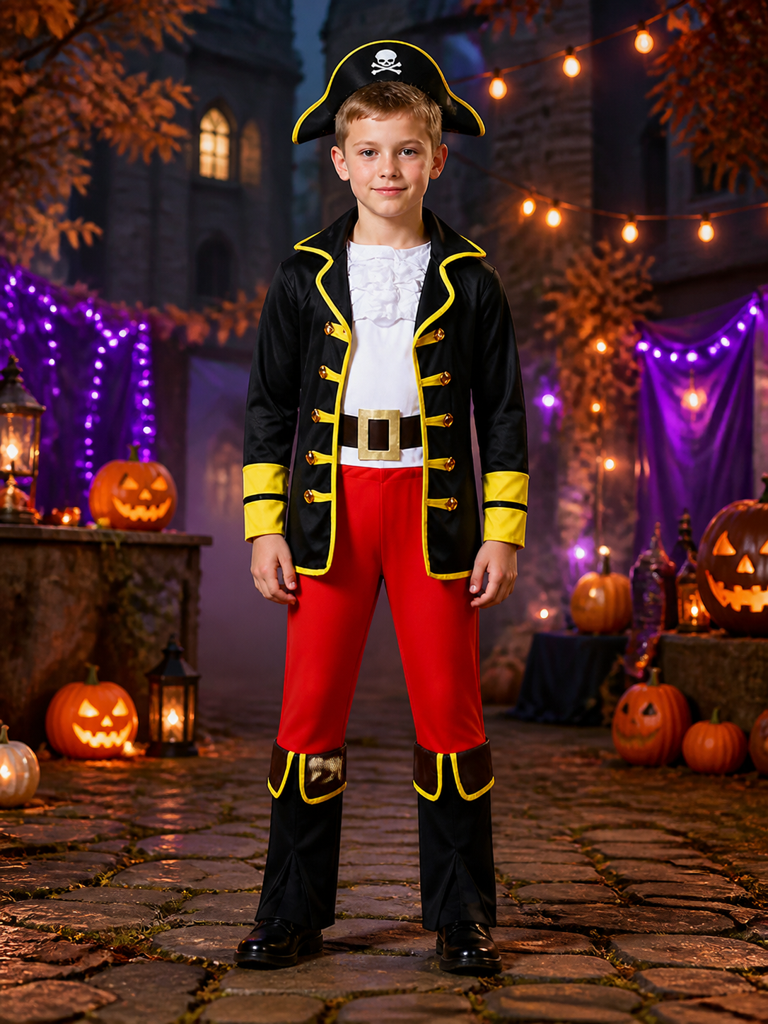 Kids Pirate Costume Set, Black and Red Jacket with Pants, Skull Print Halloween Costumes detail 2