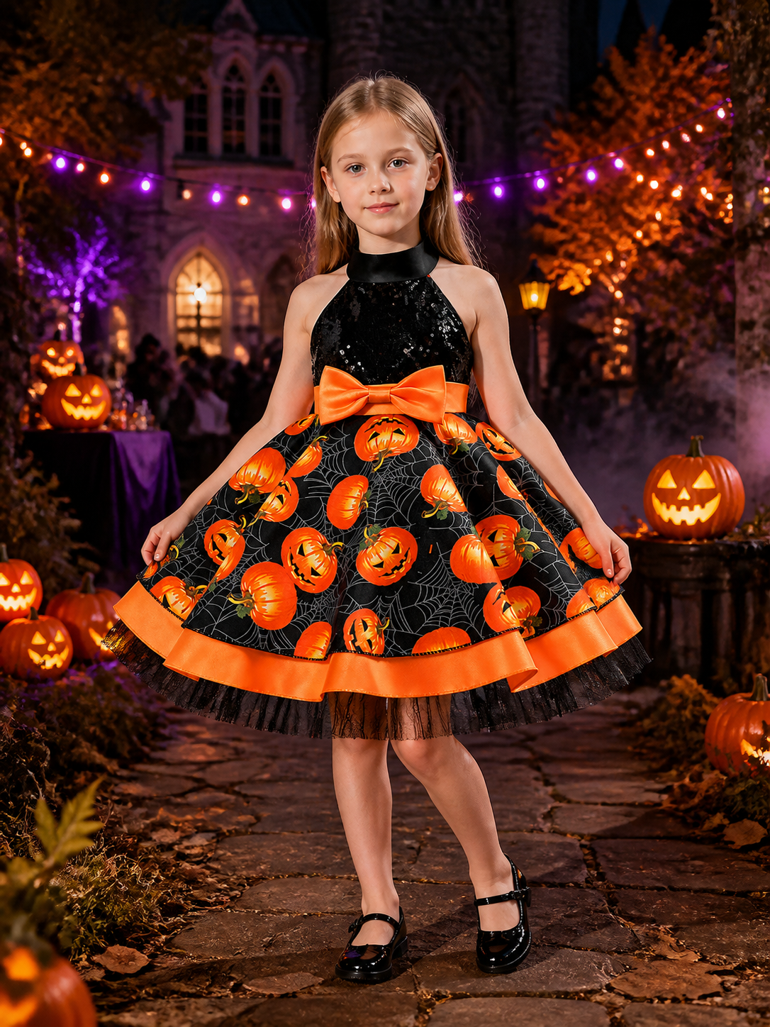 Girls' Halloween Pumpkin Spider Web Princess Dress, Black and Orange Tutu Costume Dresses detail 2