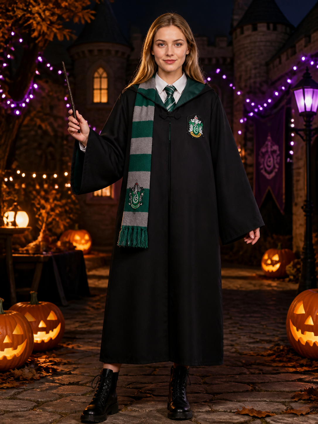 Wizard Long Hooded Robe Costume Set with Tie & Scarf, Green and Grey Stripes