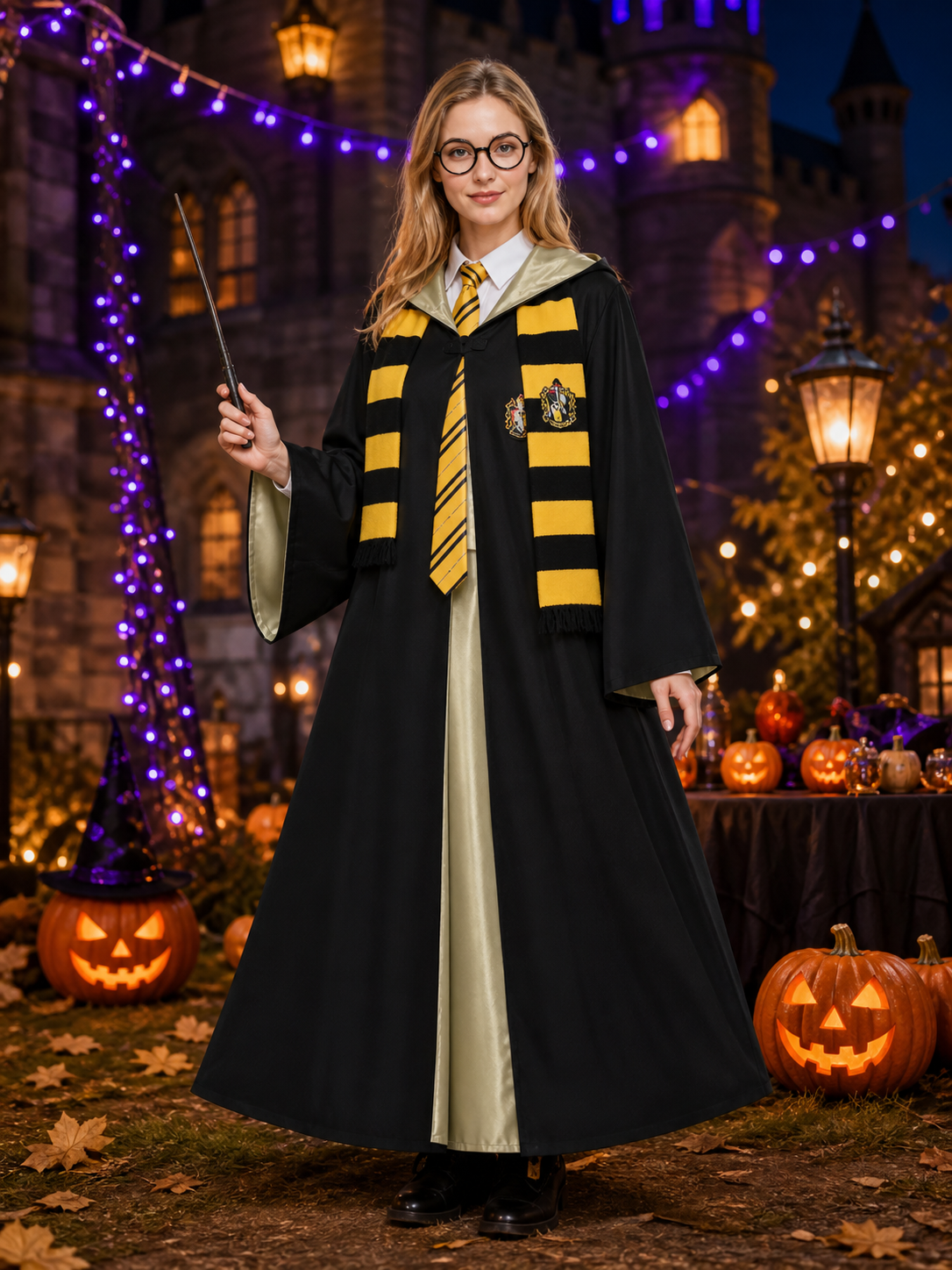Wizard Hooded Robe Costume Set, Black and Yellow Striped Scarf, Tie, Wand and Costume Accessories detail 2