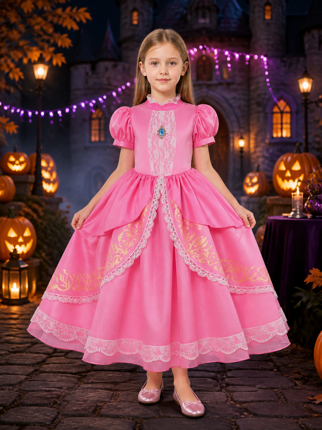 Kids' Pink Princess Costume Dress with Lace Trim, Puff Sleeves and Layered Skirt Costume Dresses detail 2