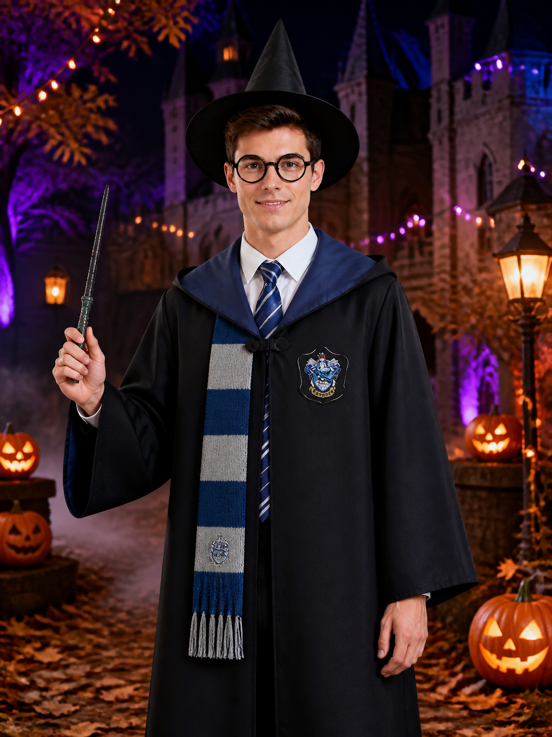 Wizard Robe Costume Set With Hooded Cloak, Shirt, Tie, Scarf, Glasses, Wand And Costume Capes detail 2