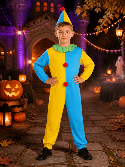 Boys' Colorful Clown Costume Set with Jumpsuit and Cone Hat, Carnival Dress-Up Costume Dresses detail 2