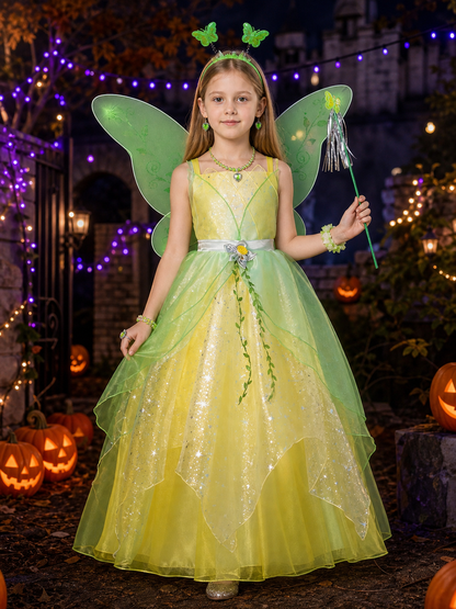 Girls Green Fairy Princess Costume Set with Tulle Dress, Butterfly Wings, Magic