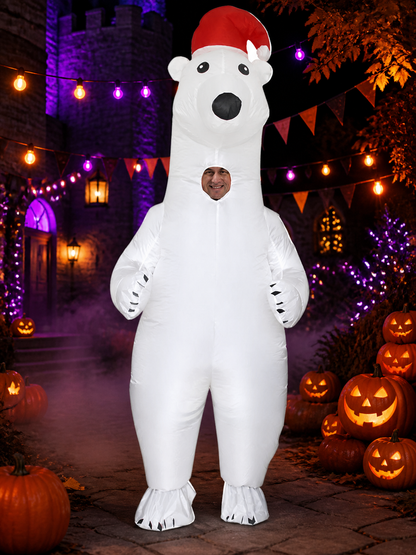 Polar Bear Inflatable Costume with Red Santa Hat and Black Claws for Halloween Costume Headwear detail 2