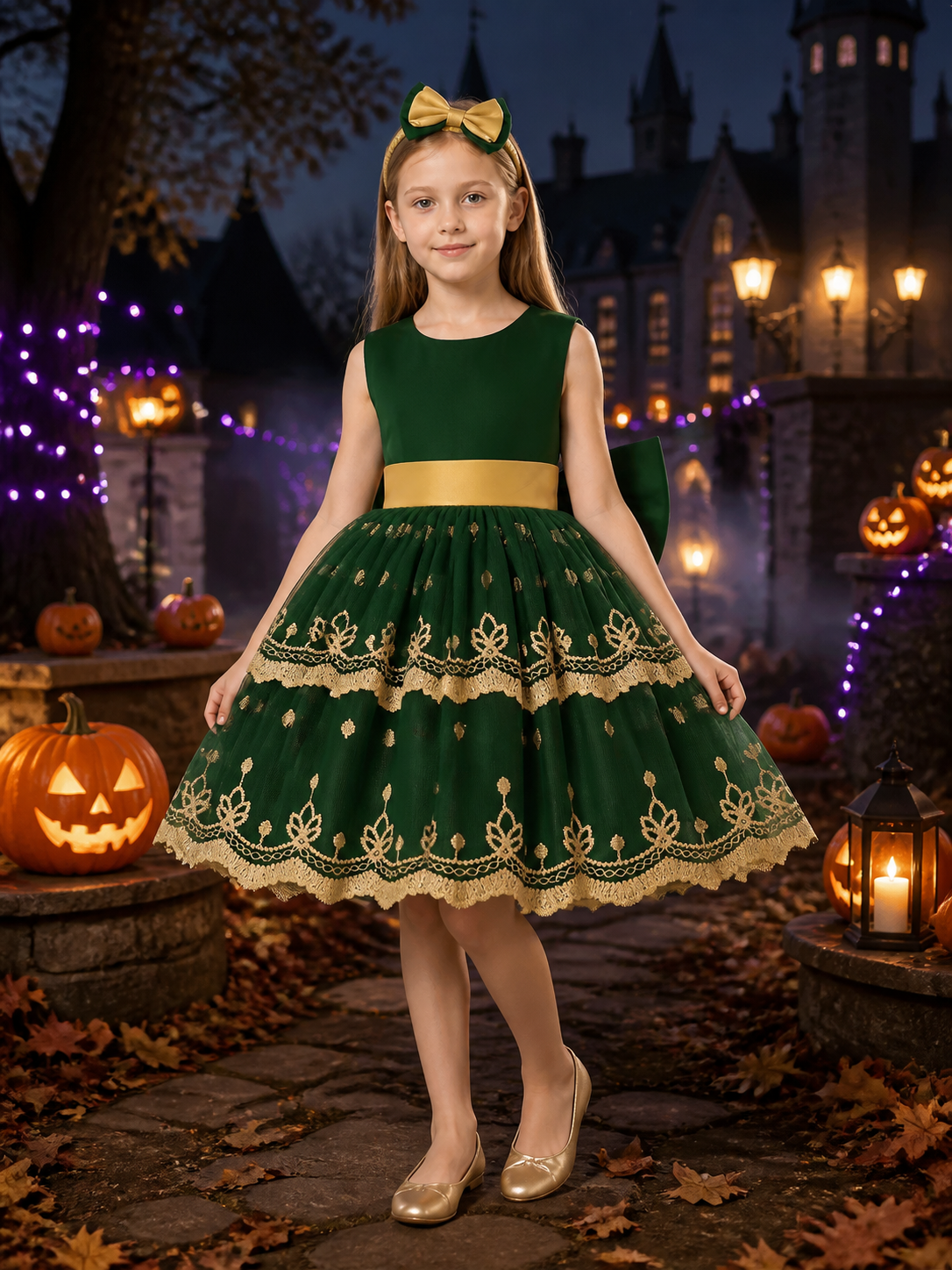 Girls' Dark Green Embroidered Princess Dress With Bow, Layered Tulle Skirt Costume Dresses detail 2