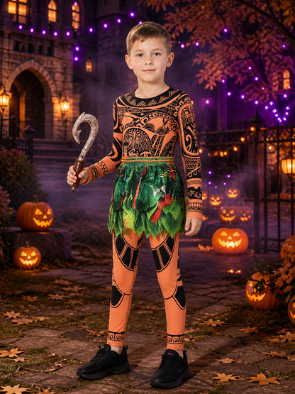 Boy's Moana Tribal Print Onesie Costume Set with Fish Hook, Halloween Outfit Costumes detail 2