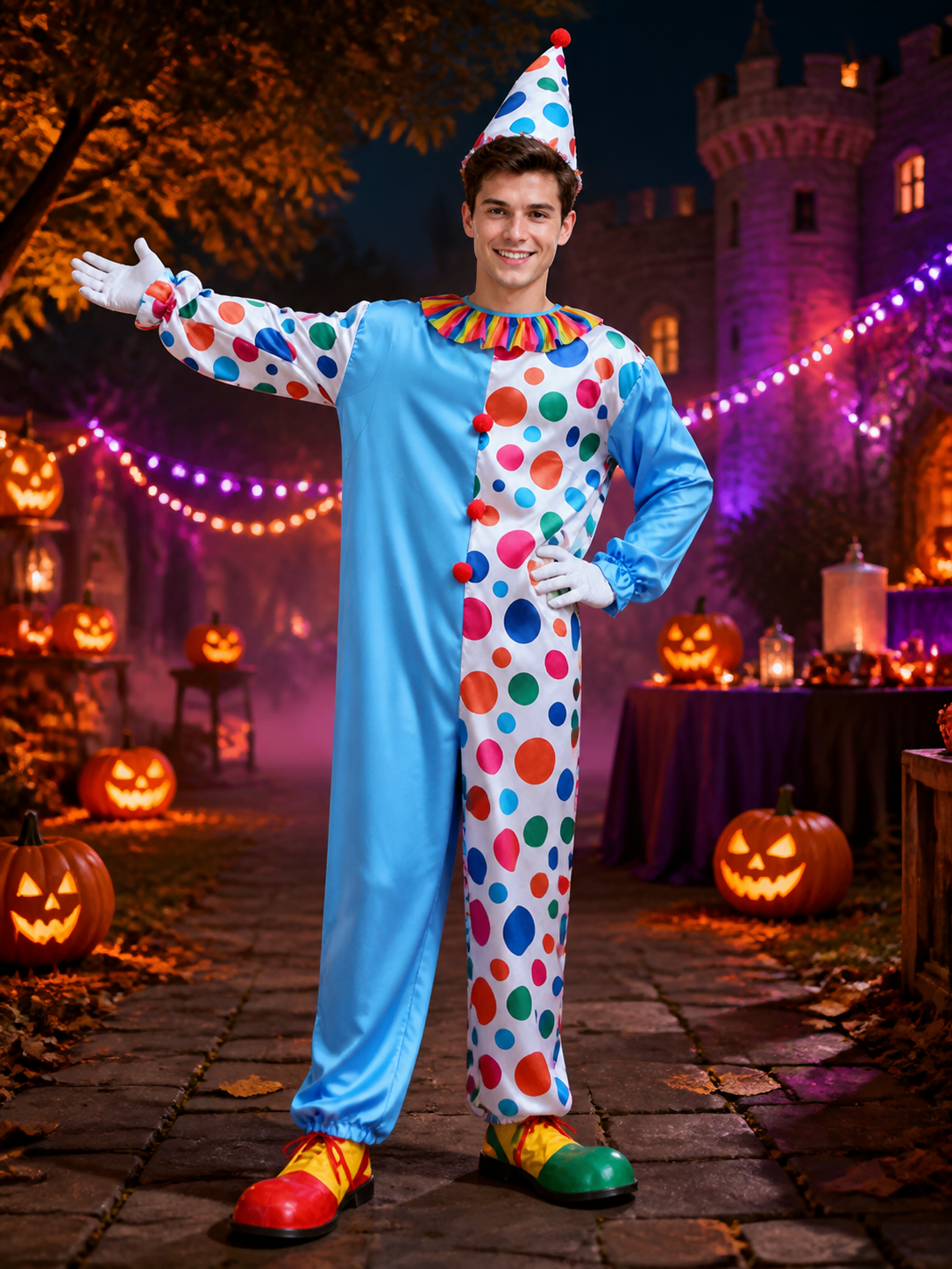 Adult Unisex Clown Jumpsuit Costume with Polka Dot Hat and Ruffle Collar for Costume Headwear detail 2
