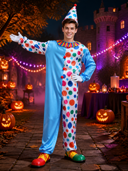 Adult Unisex Clown Jumpsuit Costume with Polka Dot Hat and Ruffle Collar for Costume Headwear detail 2
