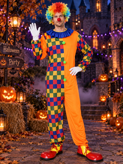 Adult Clown Costume Orange Jumpsuit with Pom-Poms