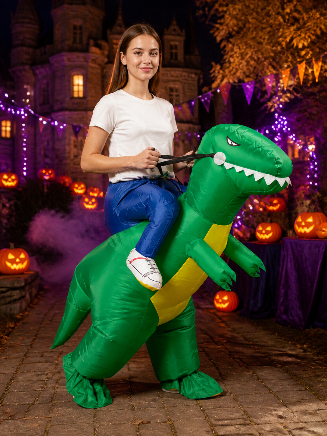 Inflatable Green Dinosaur Costume One-Piece With Large Head And Tail For Costumes detail 2