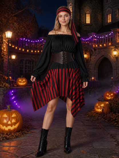 Women's Pirate Costume Set, Black Long Sleeve Top and Red Striped Skirt with Costumes detail 2