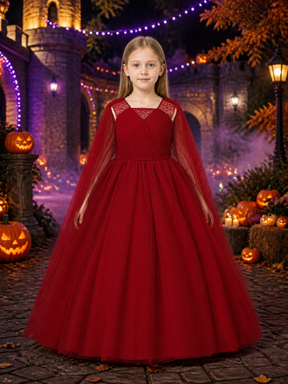 Girls' Burgundy Beaded Tulle Princess Dress, Sleeveless V-Neck Long Formal Gown Costume Dresses detail 2