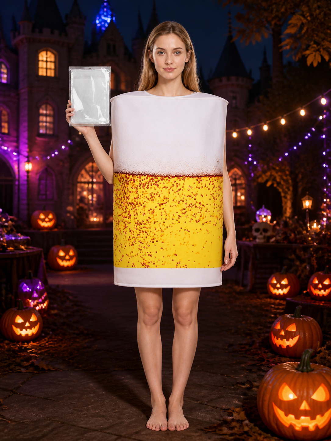 Beer Mug Foam Bodysuit Costume, Yellow and White Sponge Outfit, Funny Halloween on-model Halloween scene view
