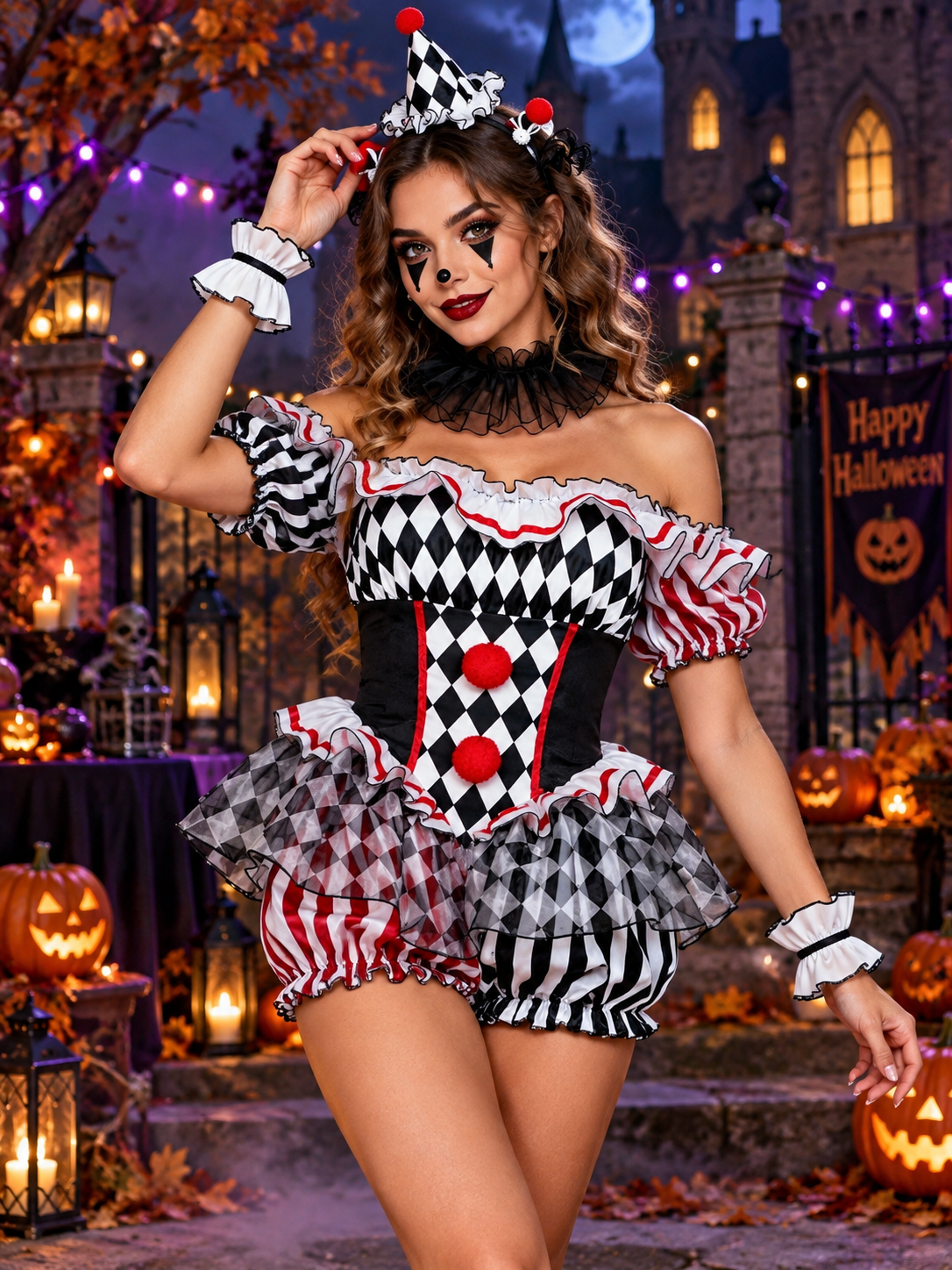 Clown Costume with Jumpsuit, Skirt, and Pom-Poms
