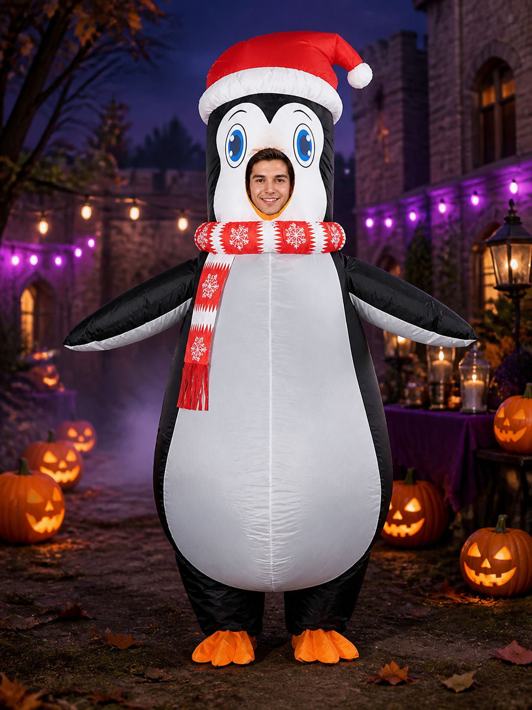 Inflatable Penguin Costume with Santa Hat and Scarf and Wings, Christmas Cosplay Costume Headwear detail 2