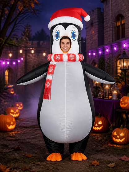 Inflatable Penguin Costume with Santa Hat and Scarf and Wings, Christmas Cosplay Costume Headwear detail 2