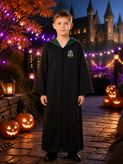 Kids' Slytherin-Themed Hooded Wizard Robe Costume, Black And Green Long-Sleeve Costumes detail 2