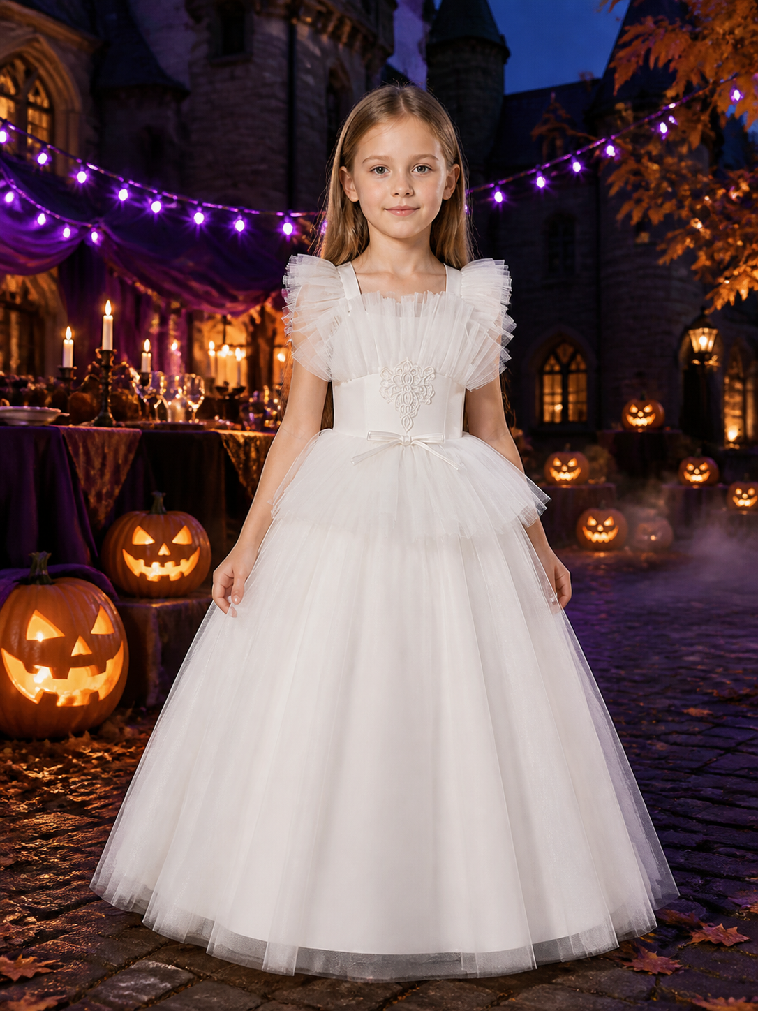 Girls' White Princess Formal Dress, Layered Tulle Ruffles, Rhinestone Flower and Costume Dresses detail 2