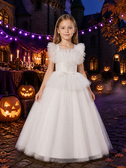 Girls' White Princess Formal Dress, Layered Tulle Ruffles, Rhinestone Flower and Costume Dresses detail 2