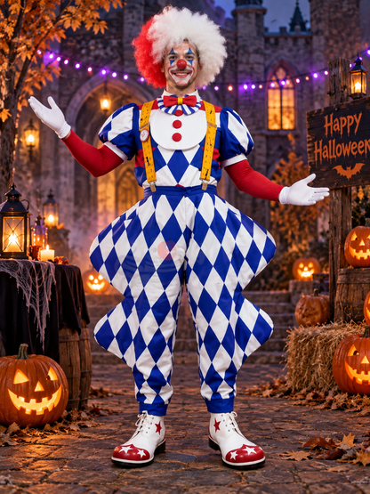 Clown Costume, 6 Pieces, with White Wig and Bow