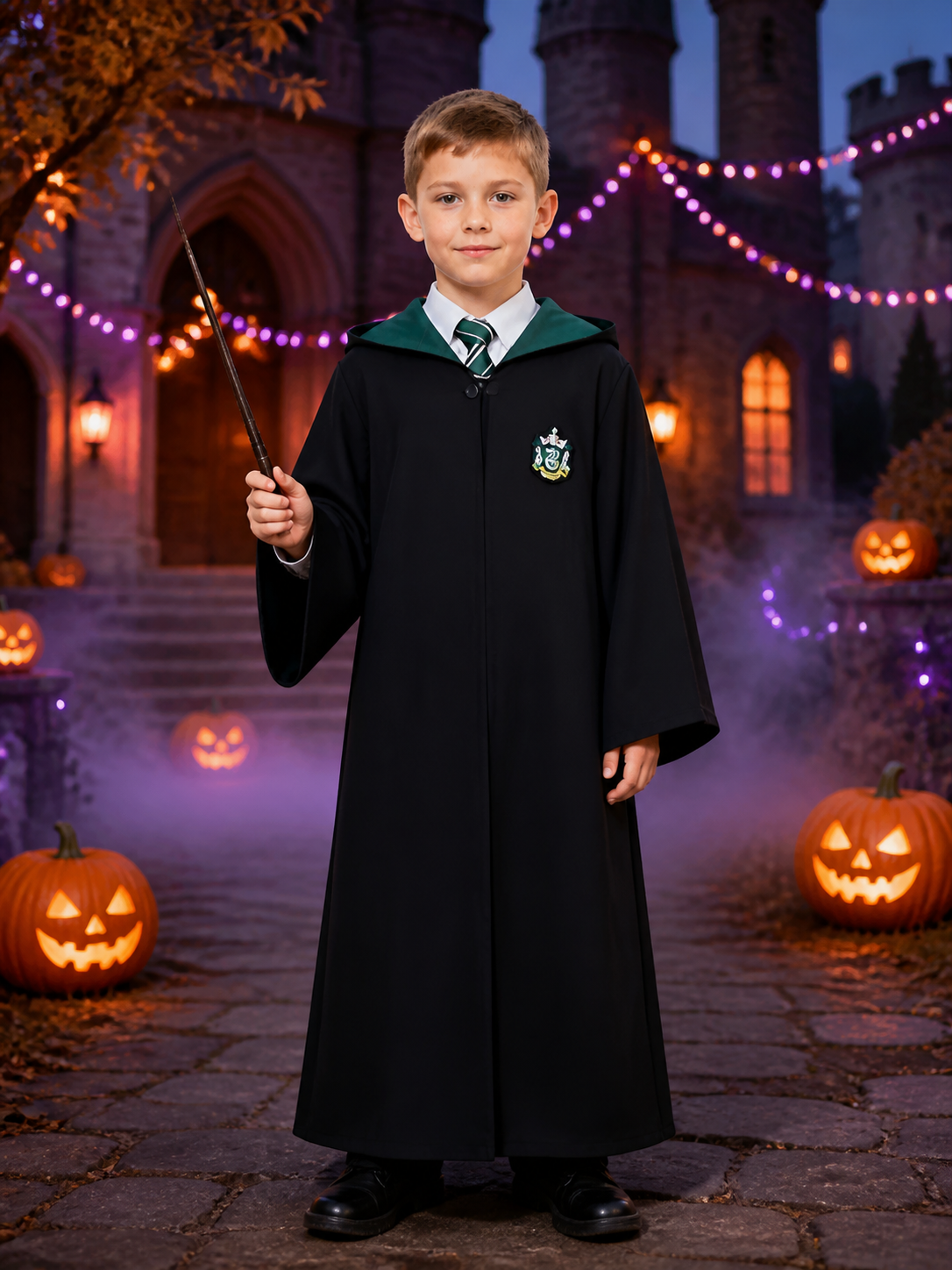 Kids Wizard School Costume, Long Black Robe with Green Trim and Badge Costumes detail 2