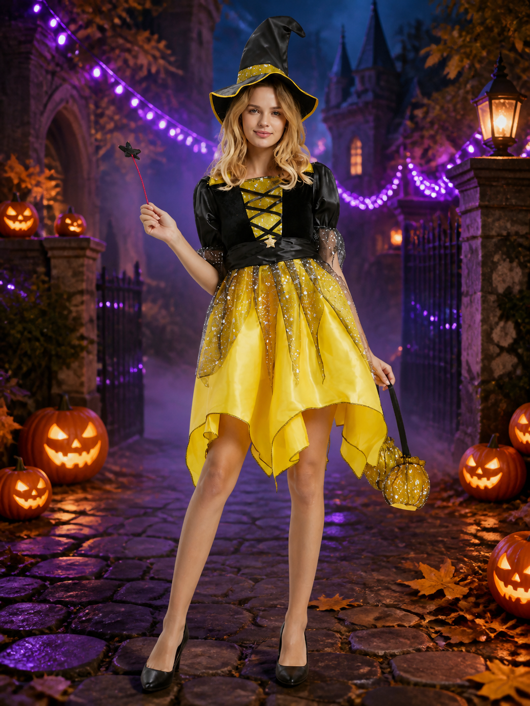 Black and Yellow Witch Costume with Accessories Costume Accessories detail 2