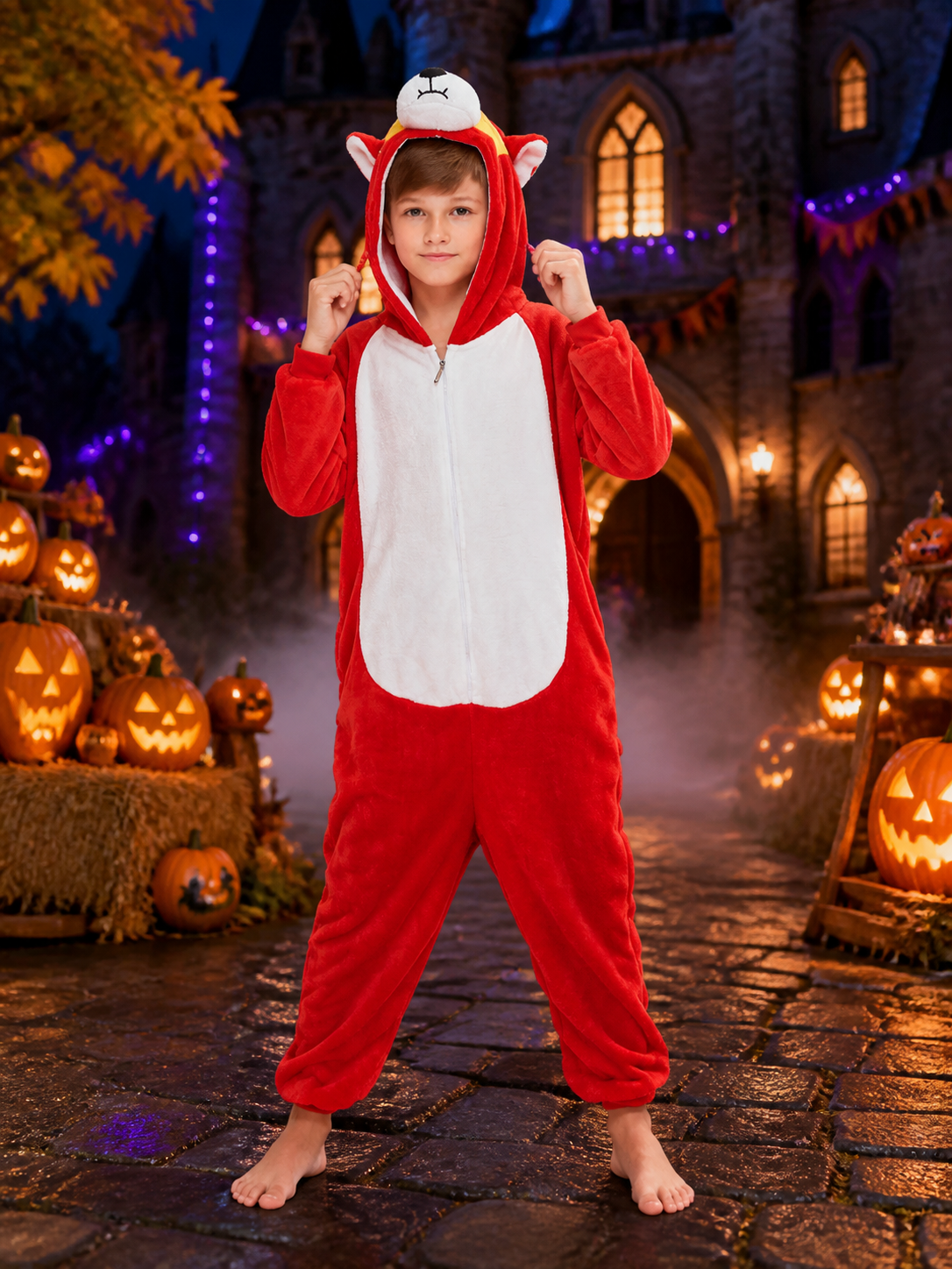 Red and White Hooded Animal Character Jumpsuit Costume Costumes detail 2